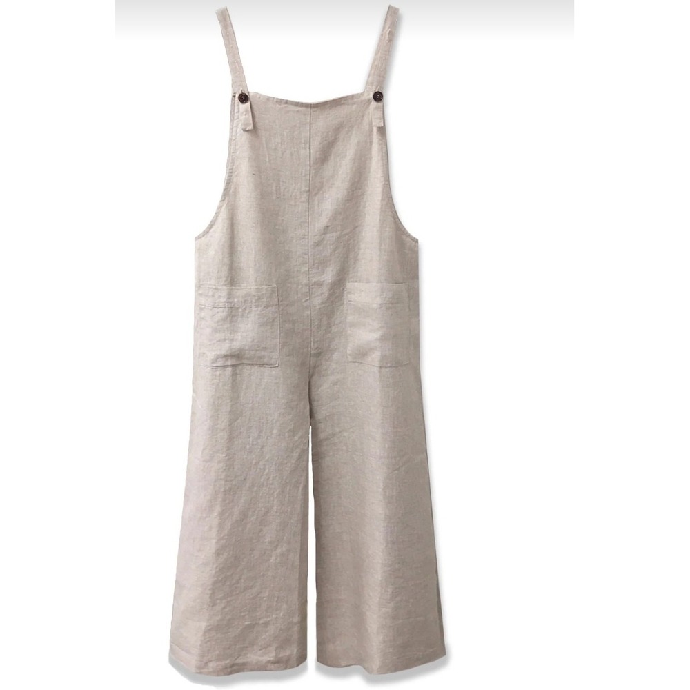 4our Dreamers Women's M Cream Linen‎ Blend Wide Leg Lagenlook Jumpsuit Overalls